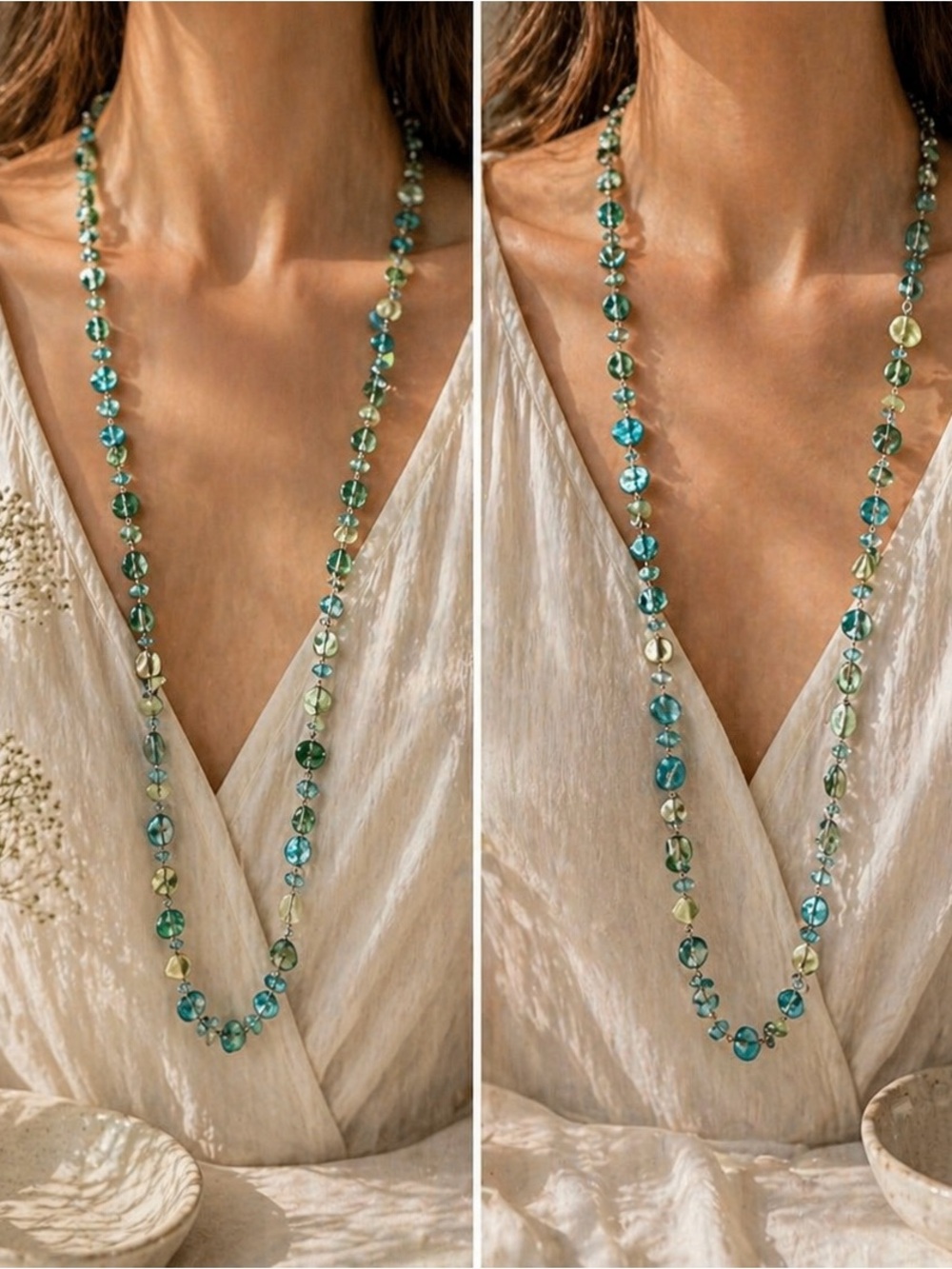 Boho Coastal Turquoise & Shell Beaded Long Necklace | Beachy Statement Jewelry